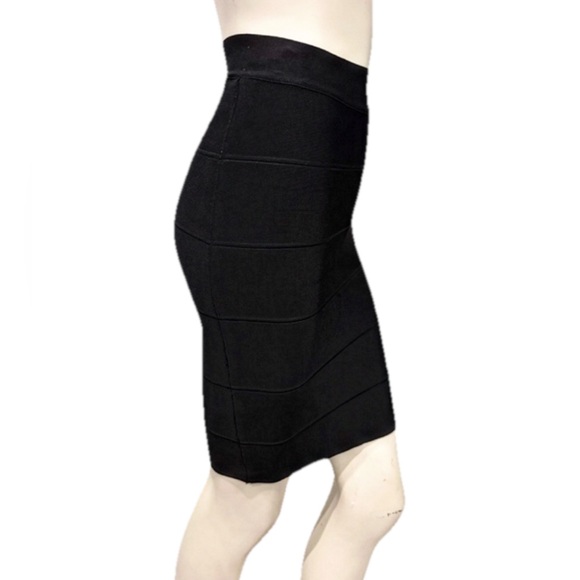 BCBGMAXAZRIA Black Bandage Pencil Skirt XS Bodycon Stretch High Waist Knit Midi - Picture 2 of 7